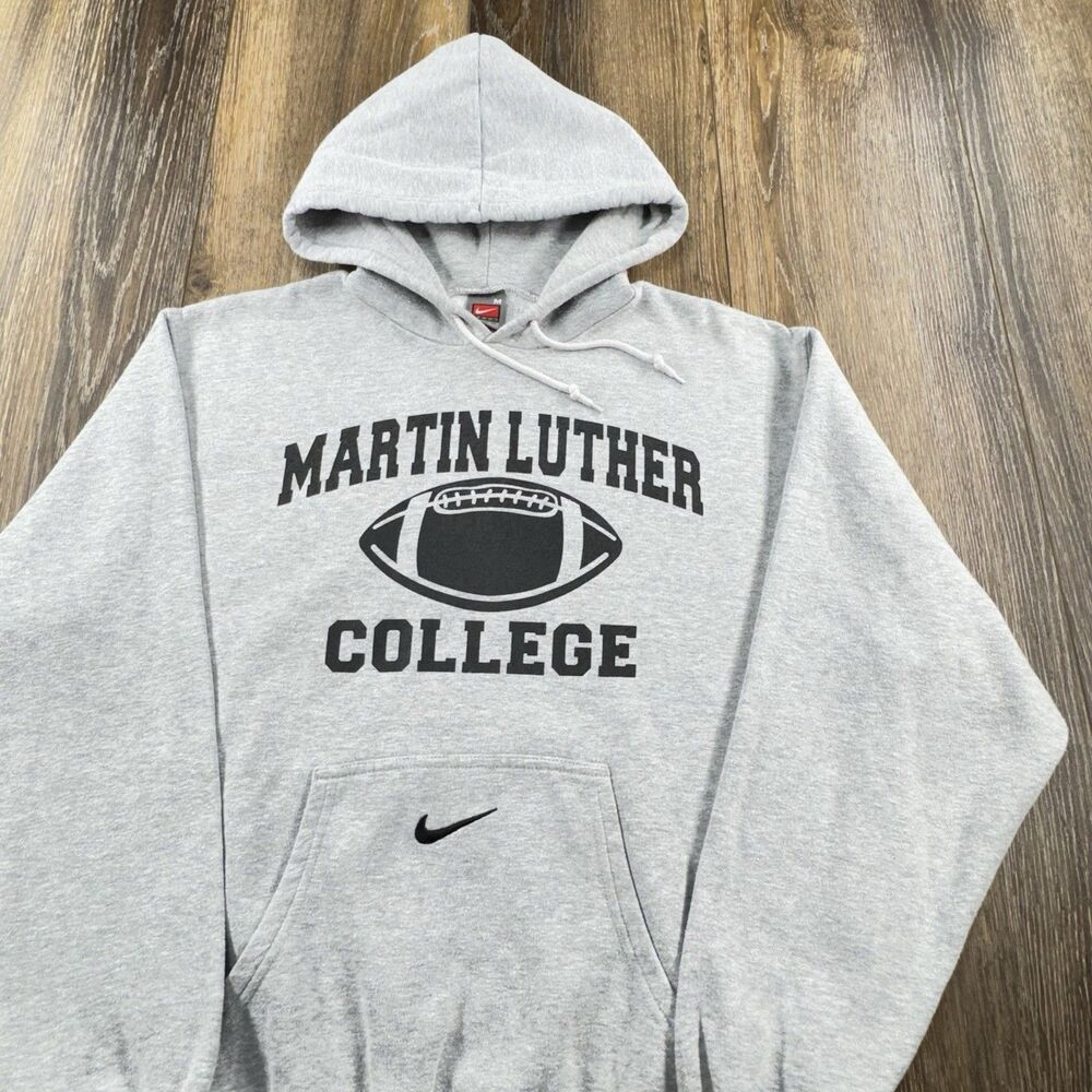 Vintage Nike Martin Luther College Hoodie Mens M Gray Sweatshirt Center Swoosh